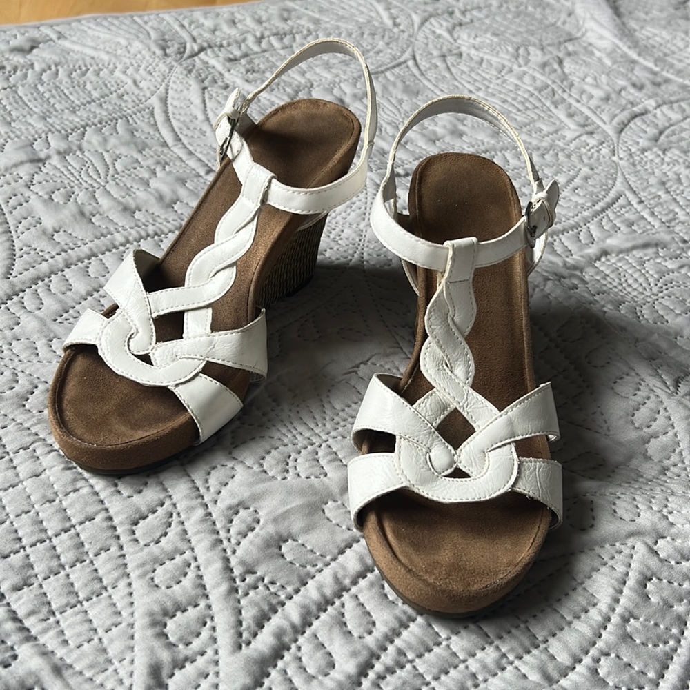 White strappy wedge sandals